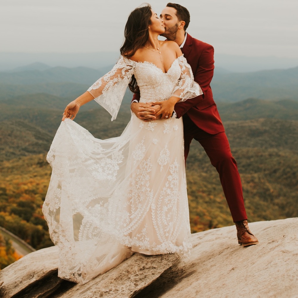 Bohemian Lace champagne bridal gown